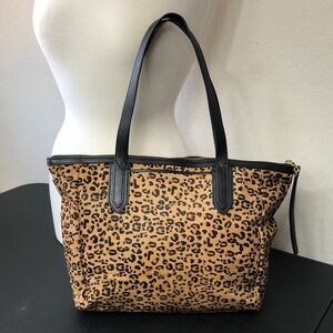 Fossil Sydney Leopard Print Calf Hair Tote Bag with Black Trim